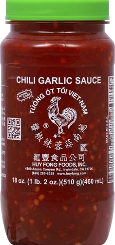 Huy Fong Chili Garlic label close-up for depth in soups and sauces.