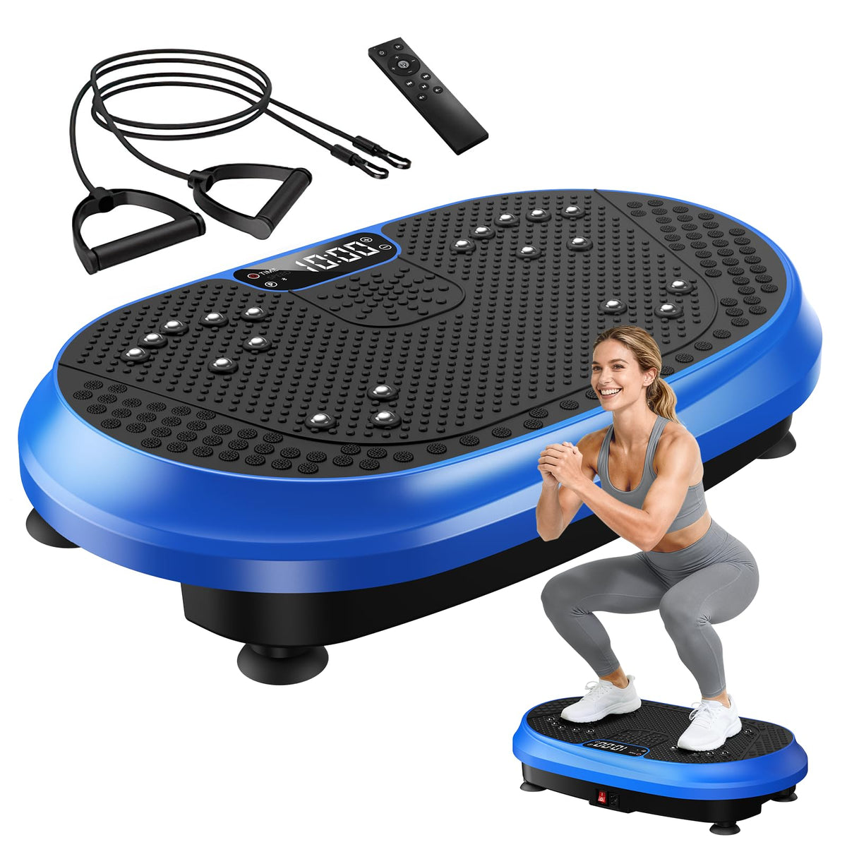 HVX vibration plate exercise machine in blue enables full-body conditioning and flexibility during home workouts.