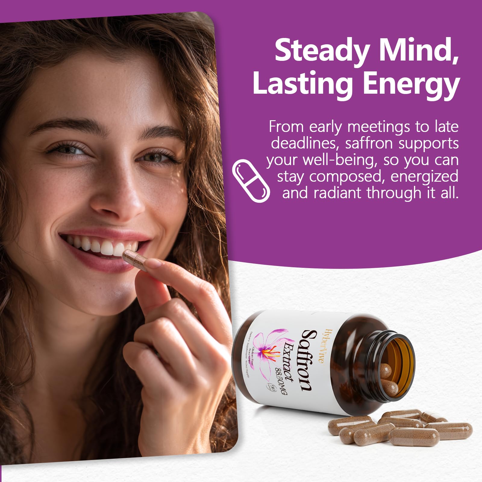 HyberVive saffron 88-5mg capsule close-up highlighting pure extract.