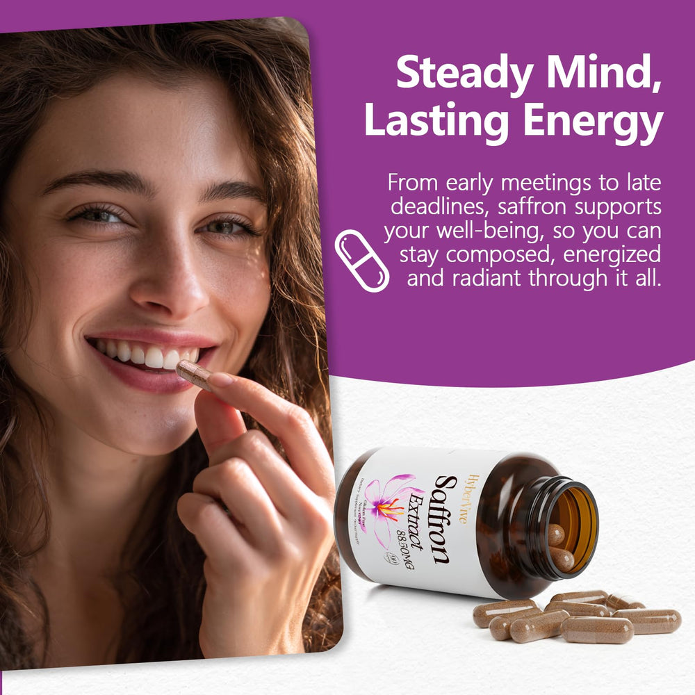 HyberVive saffron 88-5mg capsule close-up highlighting pure extract.