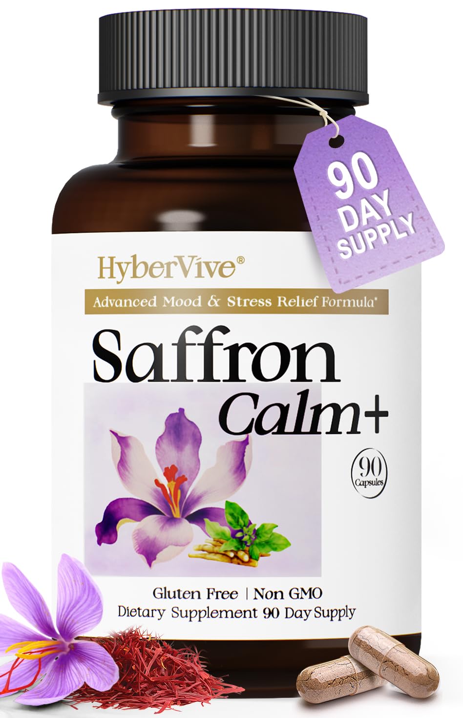 HyberVive saffron-ashwagandha-l-theanine capsules for mood balance and focused calm.