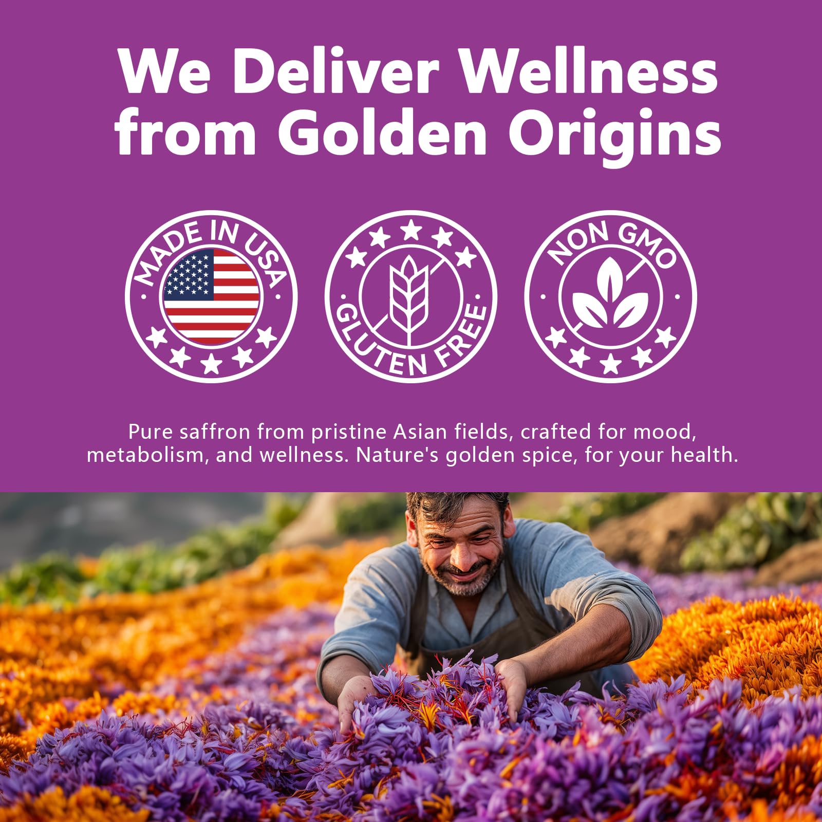 HyberVive saffron made-in-USA badge; non-GMO and gluten-free.
