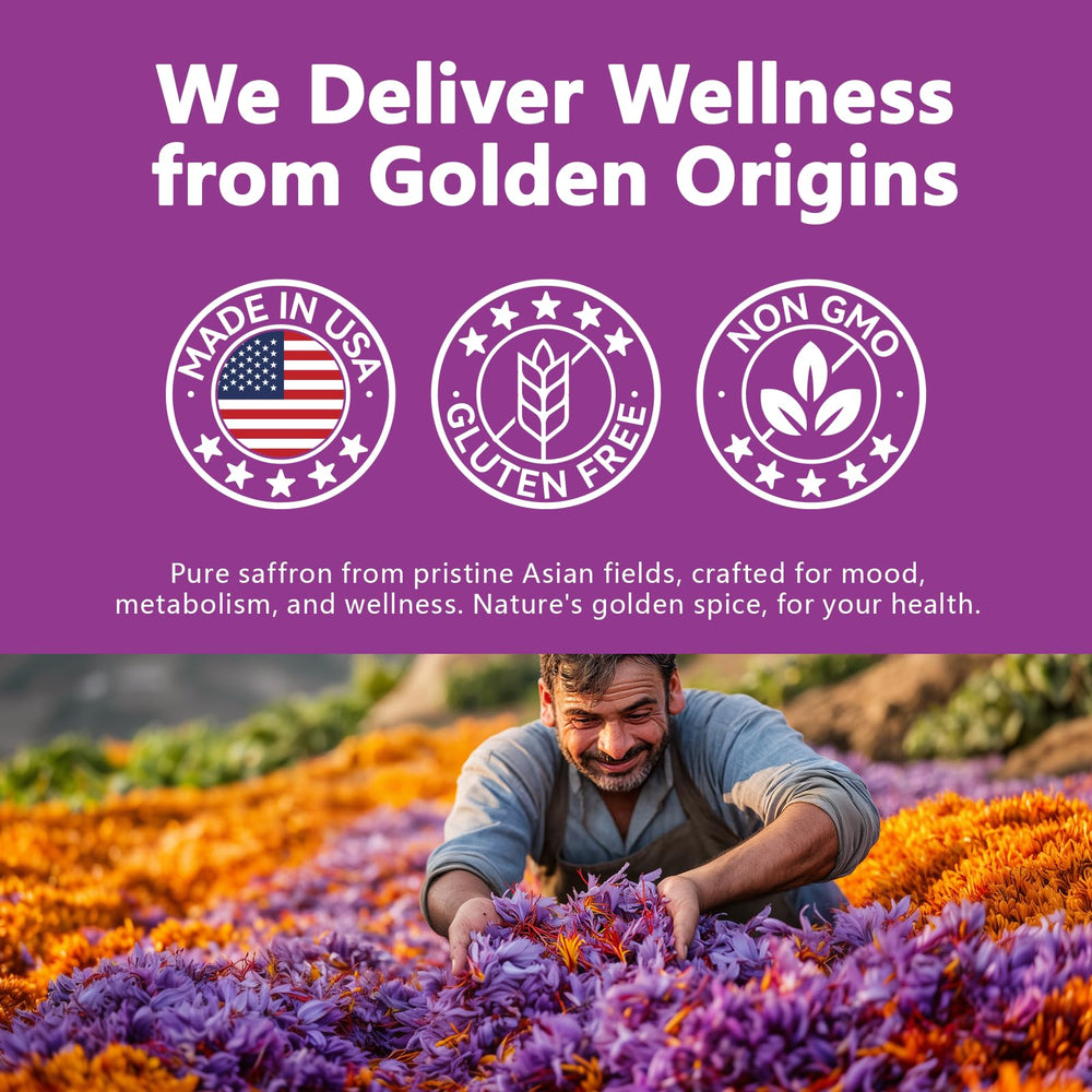 HyberVive saffron made-in-USA badge; non-GMO and gluten-free.