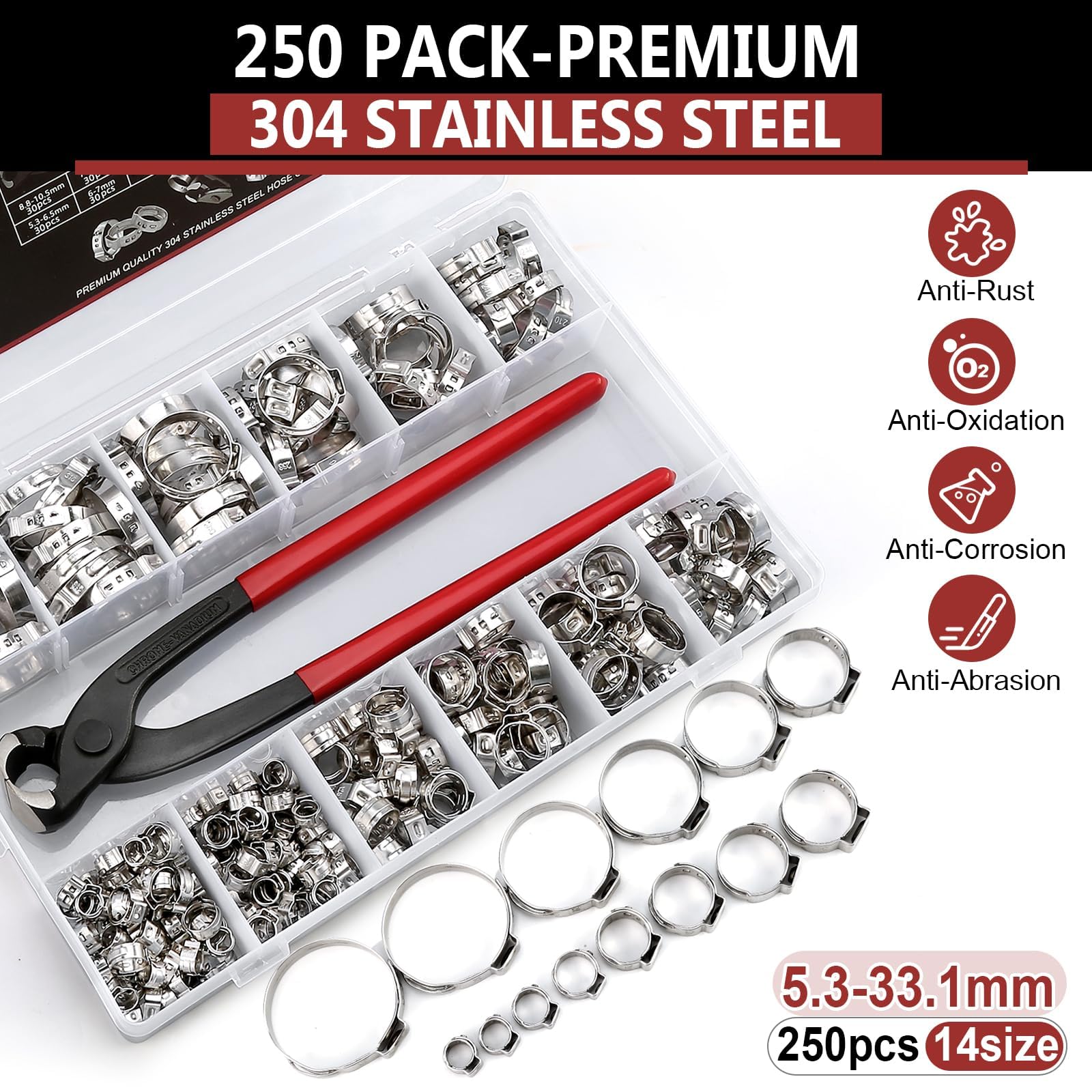 Hydencamm ear clamp pliers in chrome-vanadium steel with rubber grips.