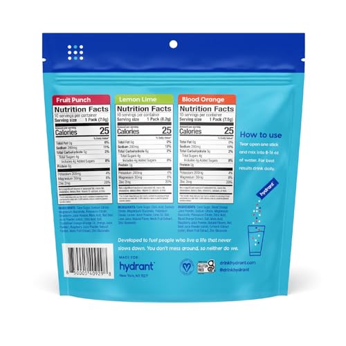 HYDRANT packets close-up highlighting powder texture and low sugar formula