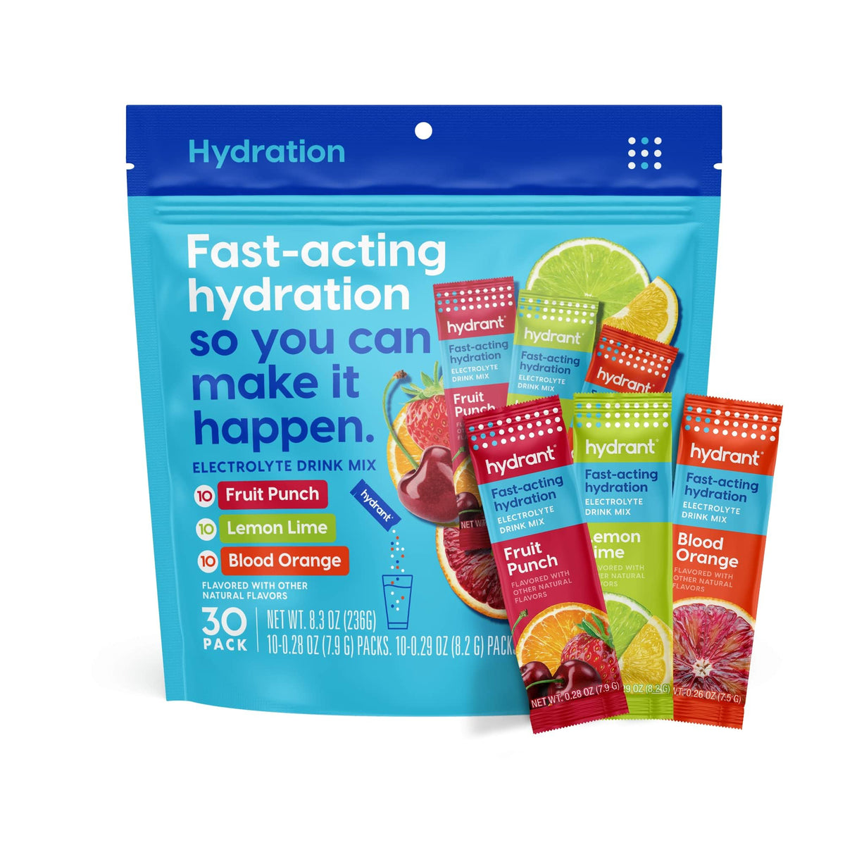 HYDRANT variety pack front view showing 30 packets for daily hydration on the go