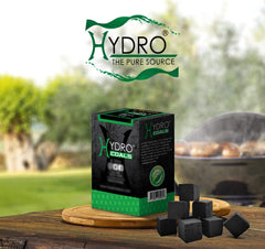 Hydro coconut charcoal cubes glow with embers for consistent cooking.