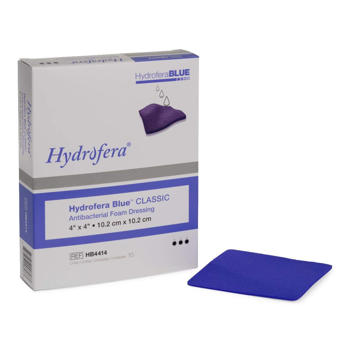 Hydrofera Blue 4x4 dressing with bacteriostatic action supports moist wound healing.