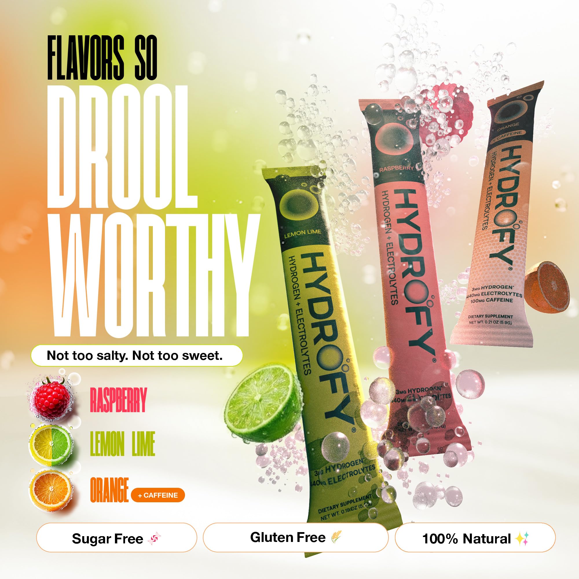 Hydrofy orange-caffeine packet with natural energy boost visualization.