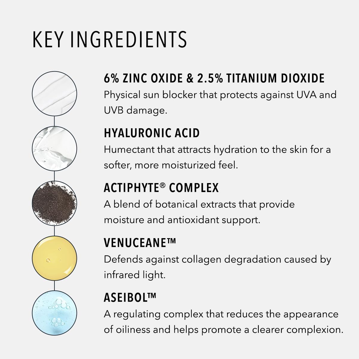 Close-up of HydroPeptide Solar Defense ingredients: hyaluronic acid, calendula, cucumber, acai