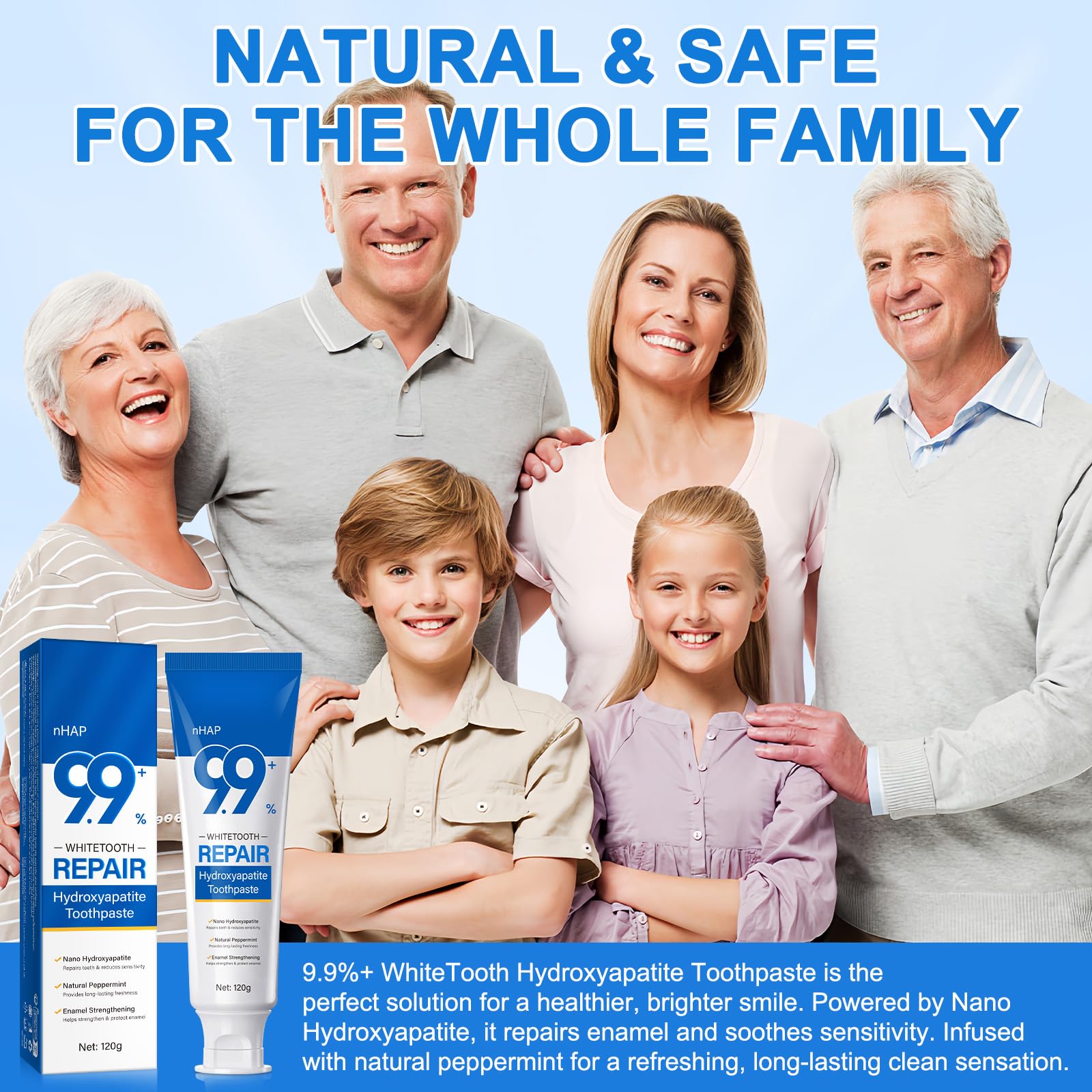 Hydroxyapatite toothpaste family use scene with kid friendly and adult safe care