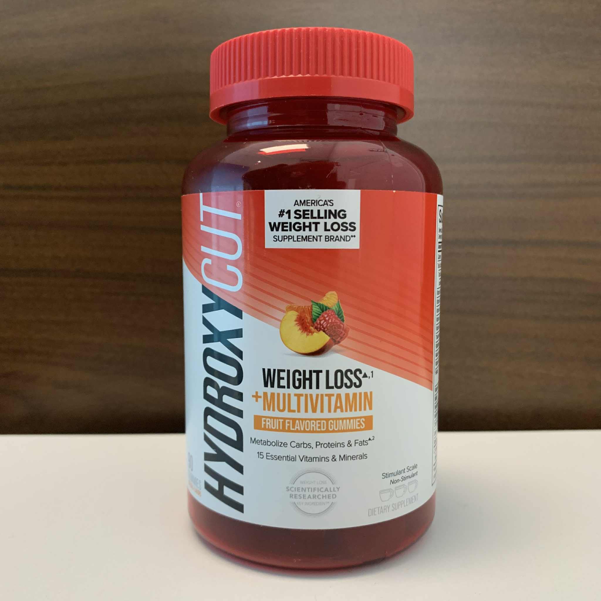 Hydroxycut Gummies label close-up — clear nutrition information.
