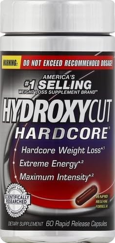 Hydroxycut Hardcore capsules pouring shot highlighting quick-release capsules