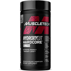 Hydroxycut Hardcore Elite bottle front emphasizes energy-boosting formula for workouts
