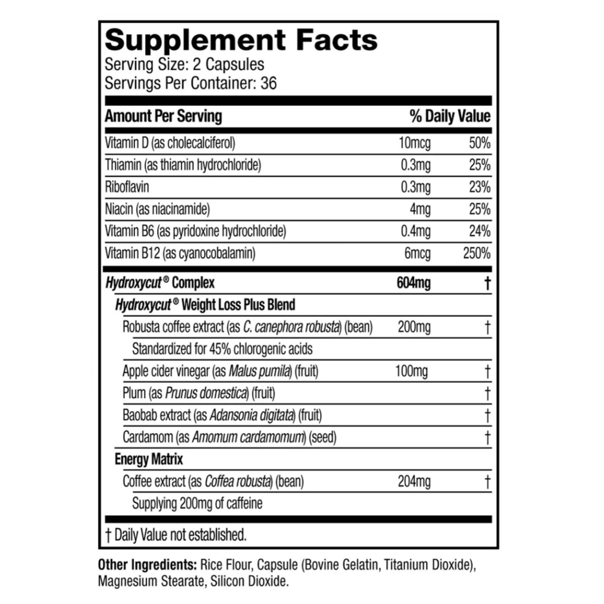 Hydroxycut Original label shows 200 mg caffeine for fast energy.