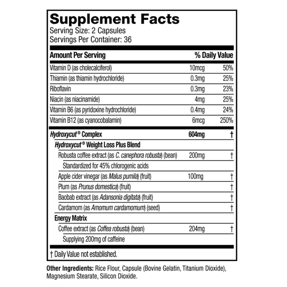 Hydroxycut Original label shows 200 mg caffeine for fast energy.