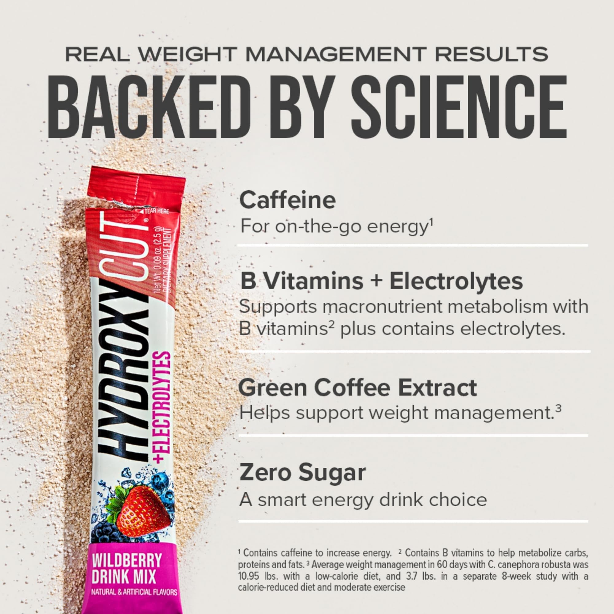 Hydroxycut Wildberry Blast label close-up highlighting caffeine and key ingredient.