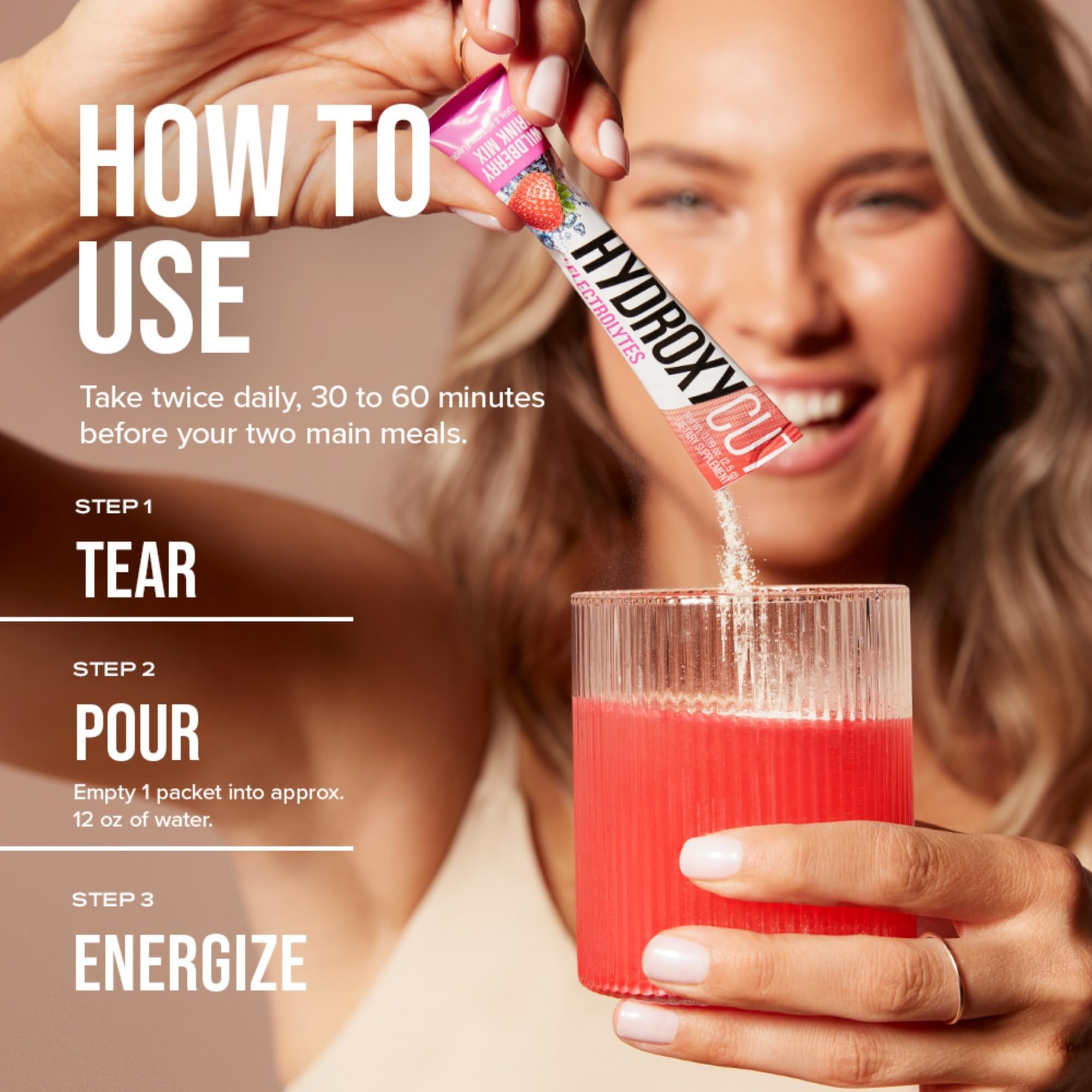 Hydroxycut Wildberry Blast mixing in a glass offers a refreshing zero-calorie option.