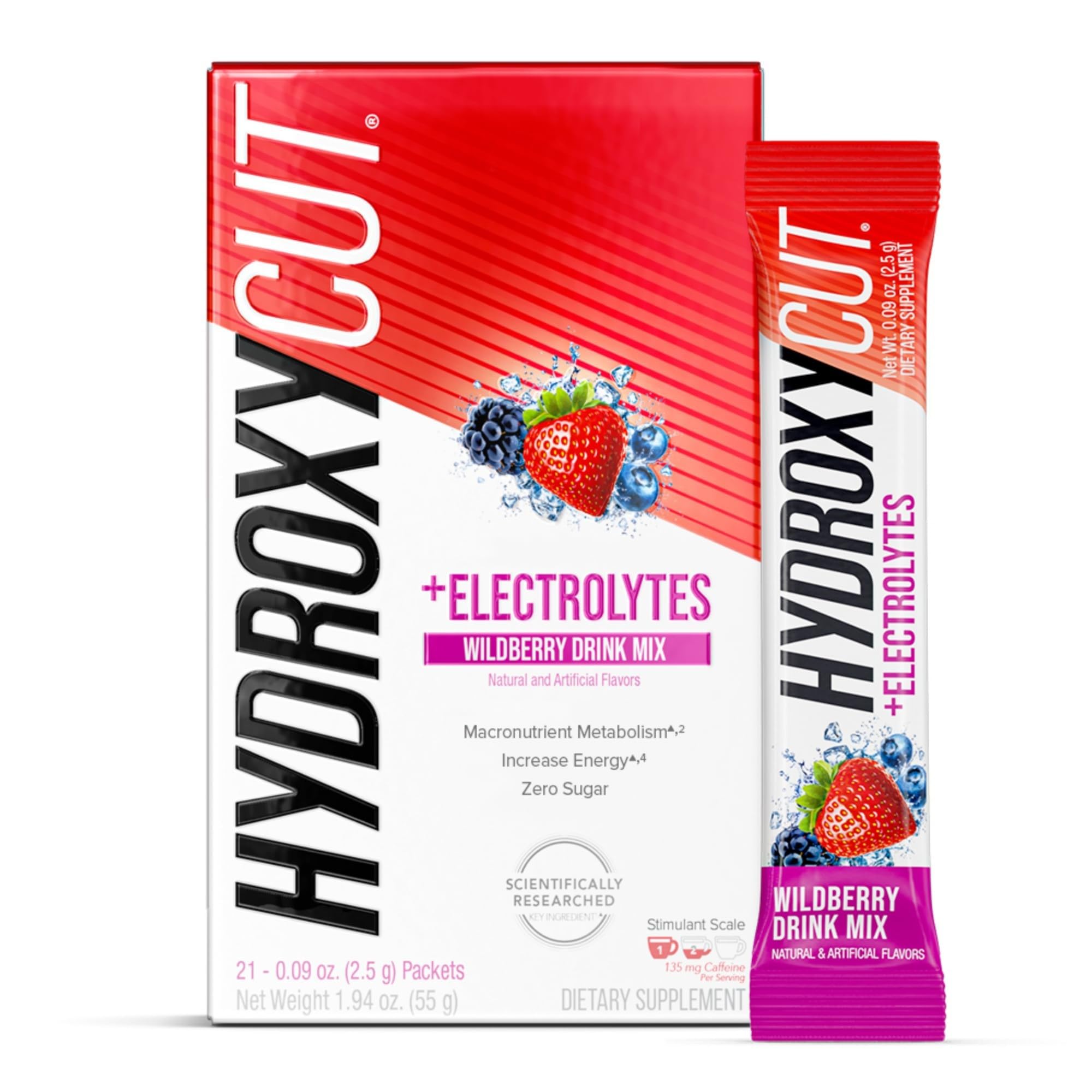 Hydroxycut Wildberry Blast packets ready to mix in water for zero-calorie energy.