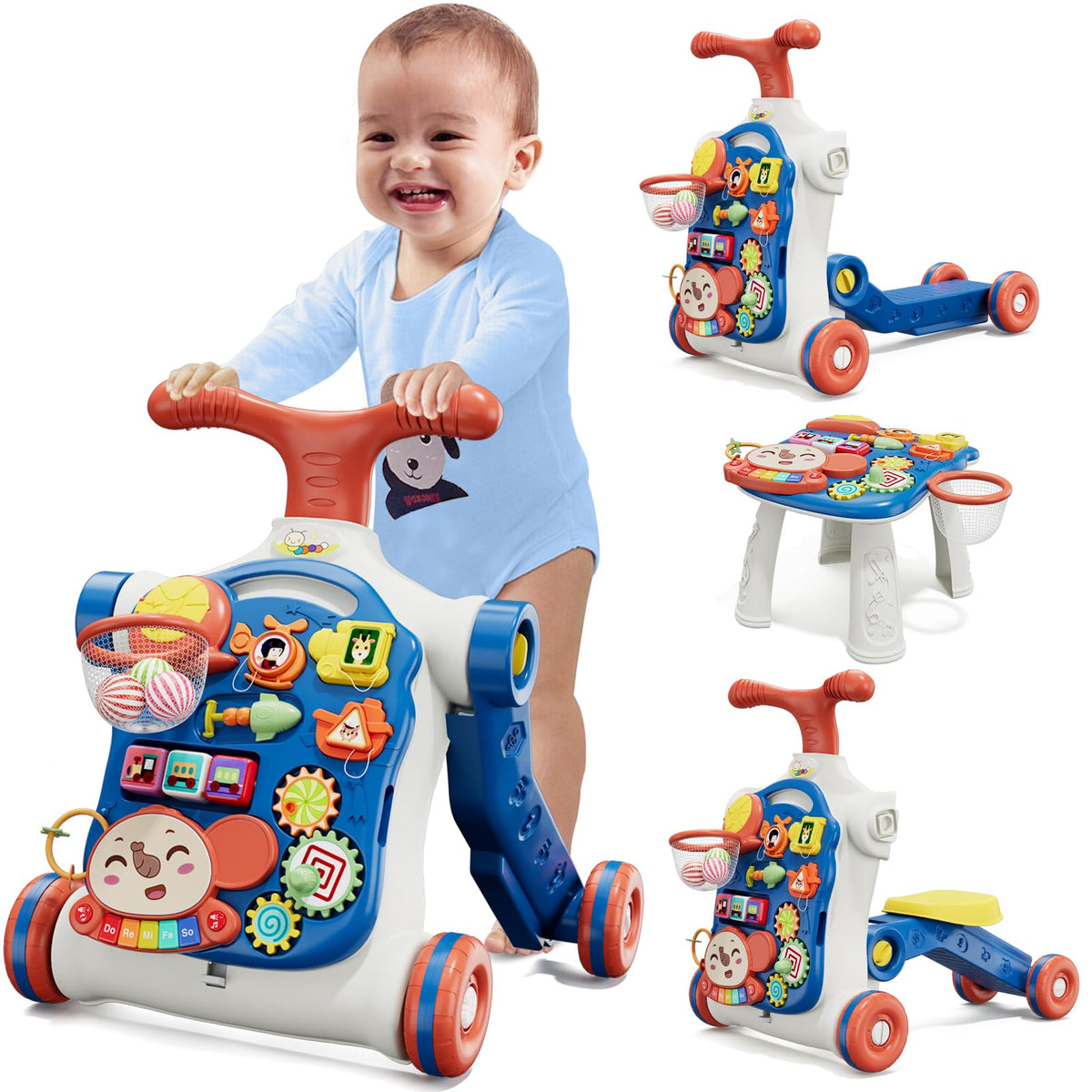 HYES 5-in-1 push walker blue front view supports early walking and balance.