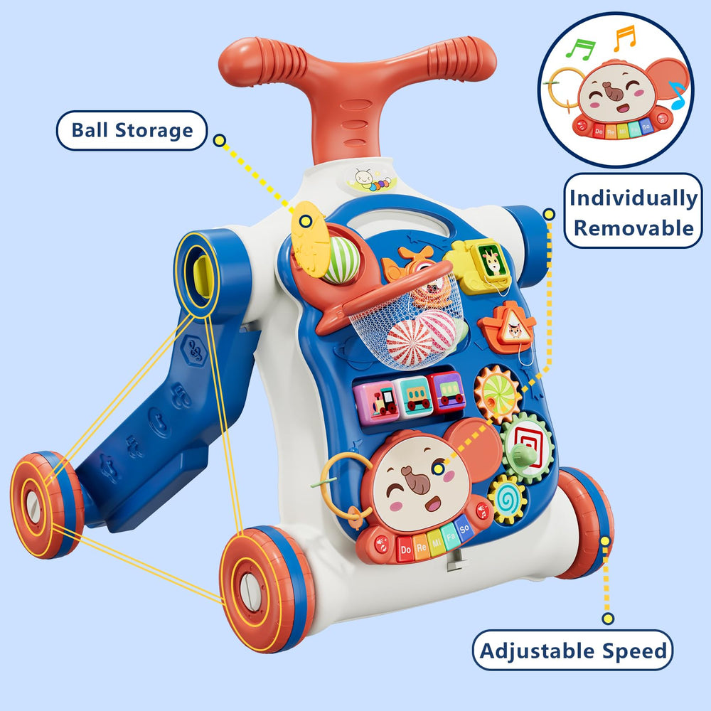 HYES 5-in-1 push walker blue removable piano keyboard invites musical exploration.
