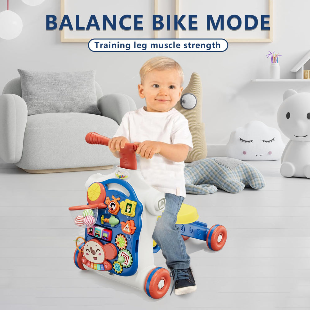 HYES 5-in-1 push walker blue spinning rollers stimulate visual tracking.