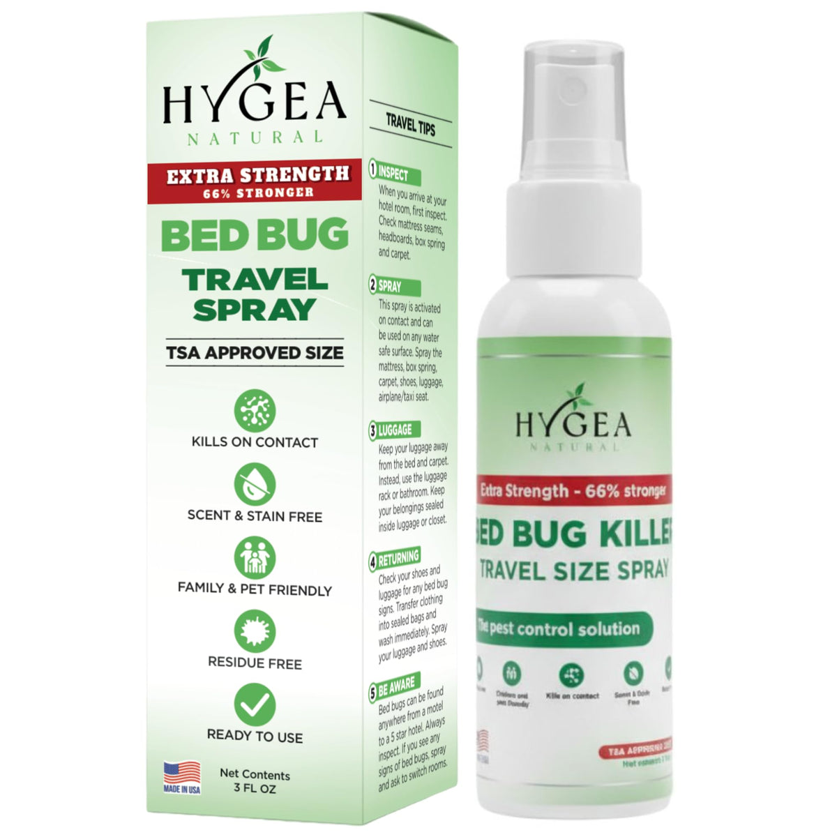 Hygea Natural extra strength bed bug spray bottle designed for travel and quick application