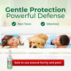 Travel-size bed bug spray shown with a suitcase for on-the-go protection