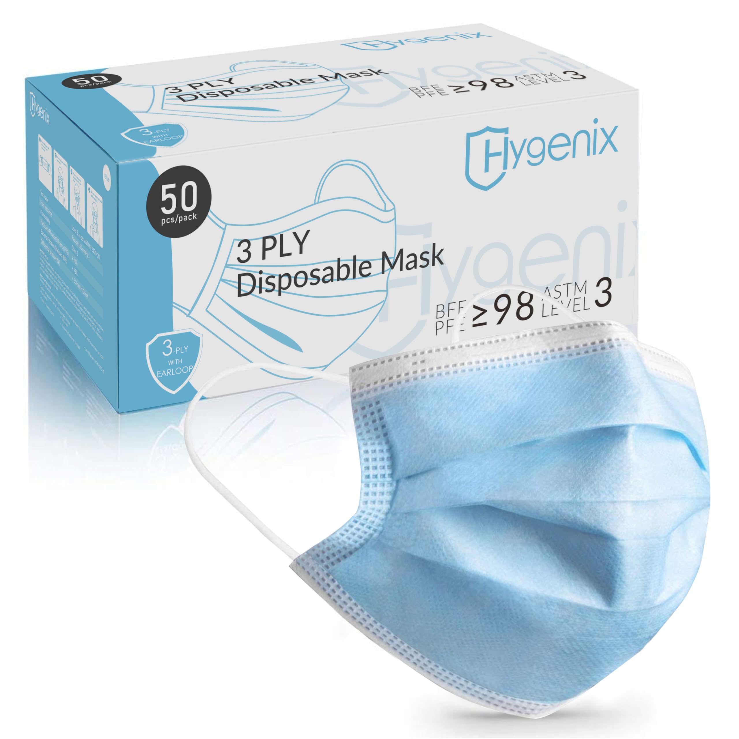 Hygenix Level 3 3-Ply masks in packaging highlight premium protection.