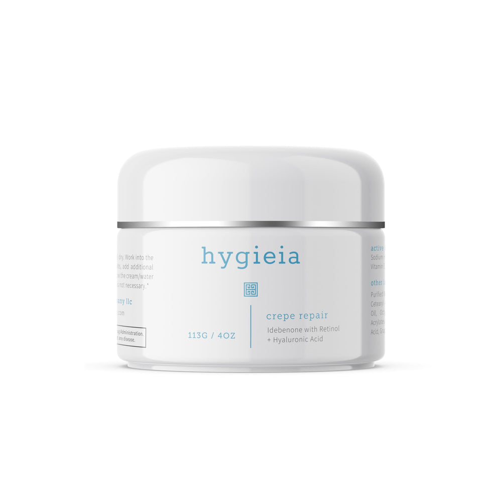 Hygieia crepey skin repair cream bottle highlighting liposomal formula for smoother skin