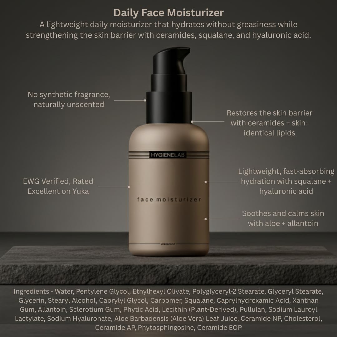 HygieneLab ingredients panel highlights squalane, hyaluronic acid, and aloe for nourishing skin.