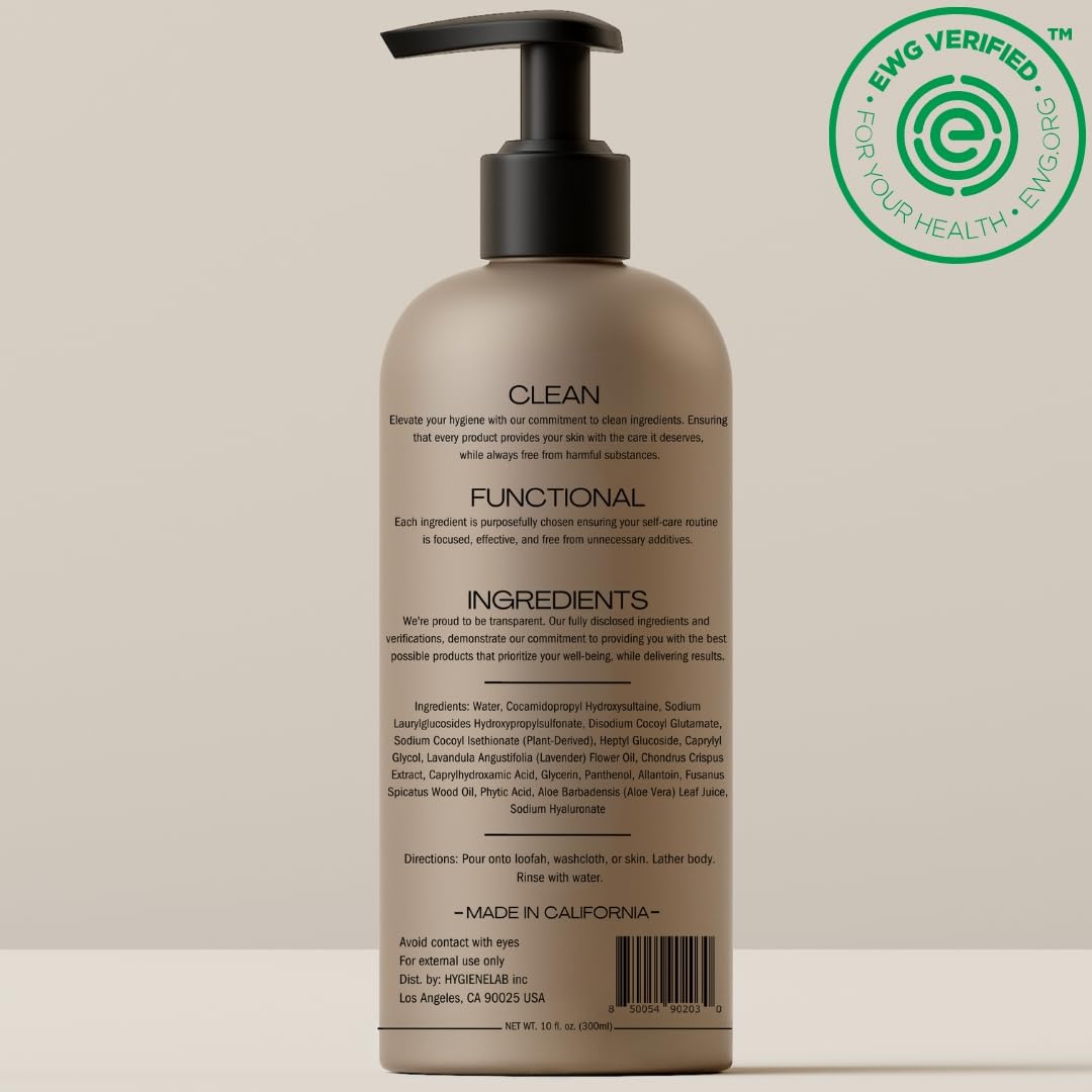 Fragrance-free label signals clean, simple skincare by HygieneLab Mens Body Wash.