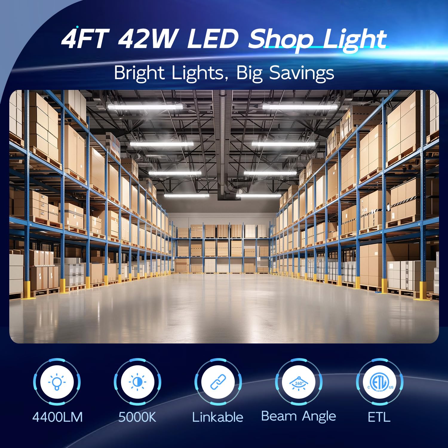 Hykolity LED shop light 42W with 4400lm and 5000K for clear tasks.