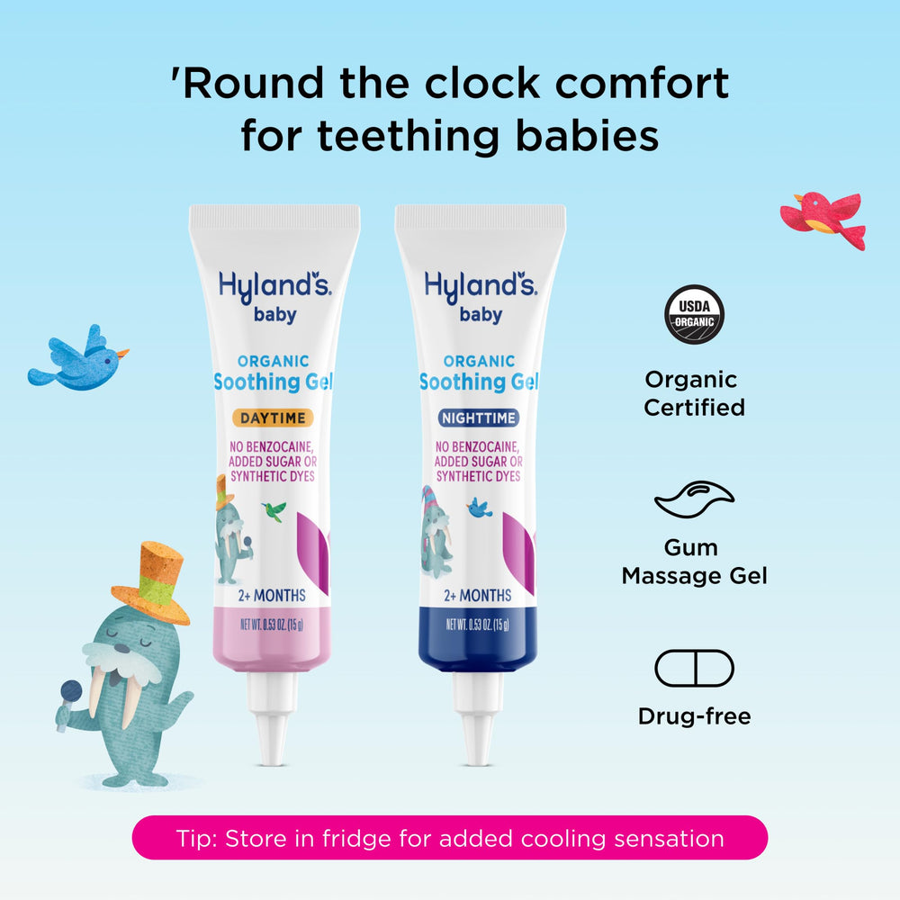 Hyland's gel applied to baby's gums showing easy massage for comfort