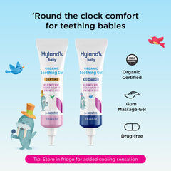 Hyland's gel applied to baby's gums showing easy massage for comfort