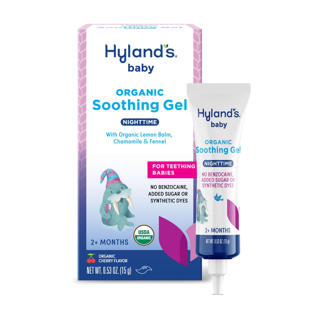 Hyland's Baby Organic Nighttime Gel being gently applied to gums for soothing relief.