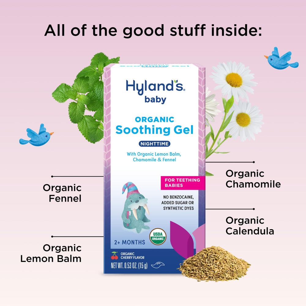 Hyland's Baby Organic Nighttime Gel in action during bedtime routine.