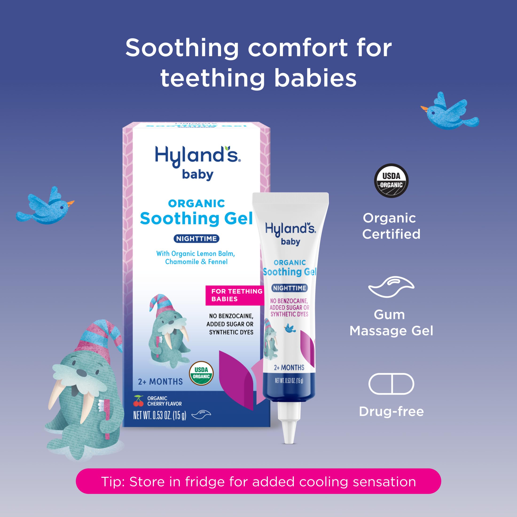 Hyland's Baby Organic Nighttime Gel tip close-up for precise pea-sized application.