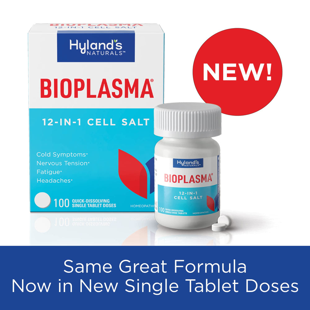 Hyland's Bioplasma bottle shows the 100-count supply for daily wellness.