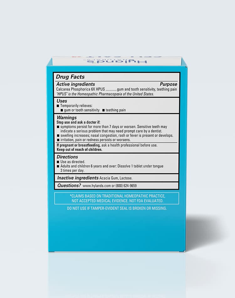 Hyland's Calc Phos 6X tablets package display highlights quick-dissolving relief on the go