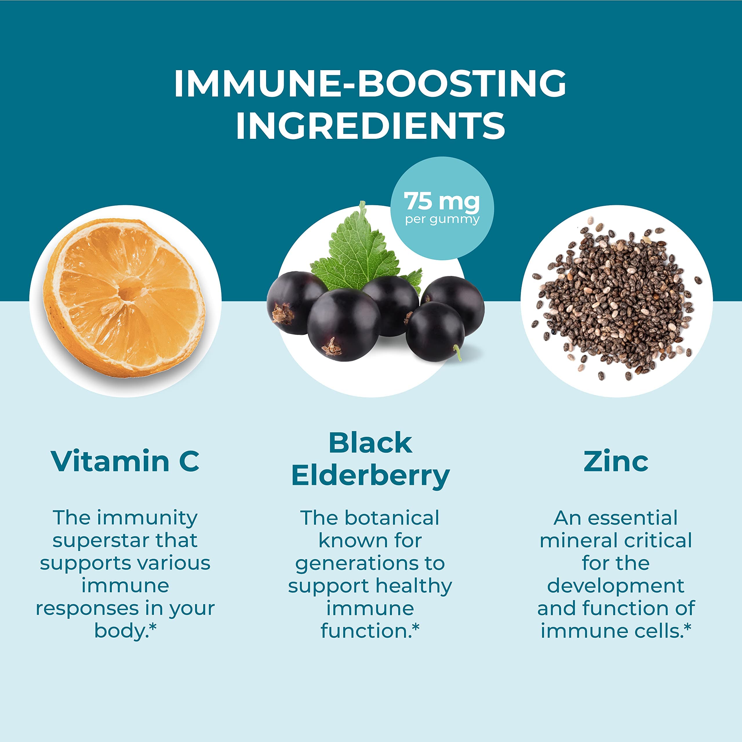 Hyland's Kids Organic Elderberry Plus gummies zinc and vitamin C highlight for healthy function