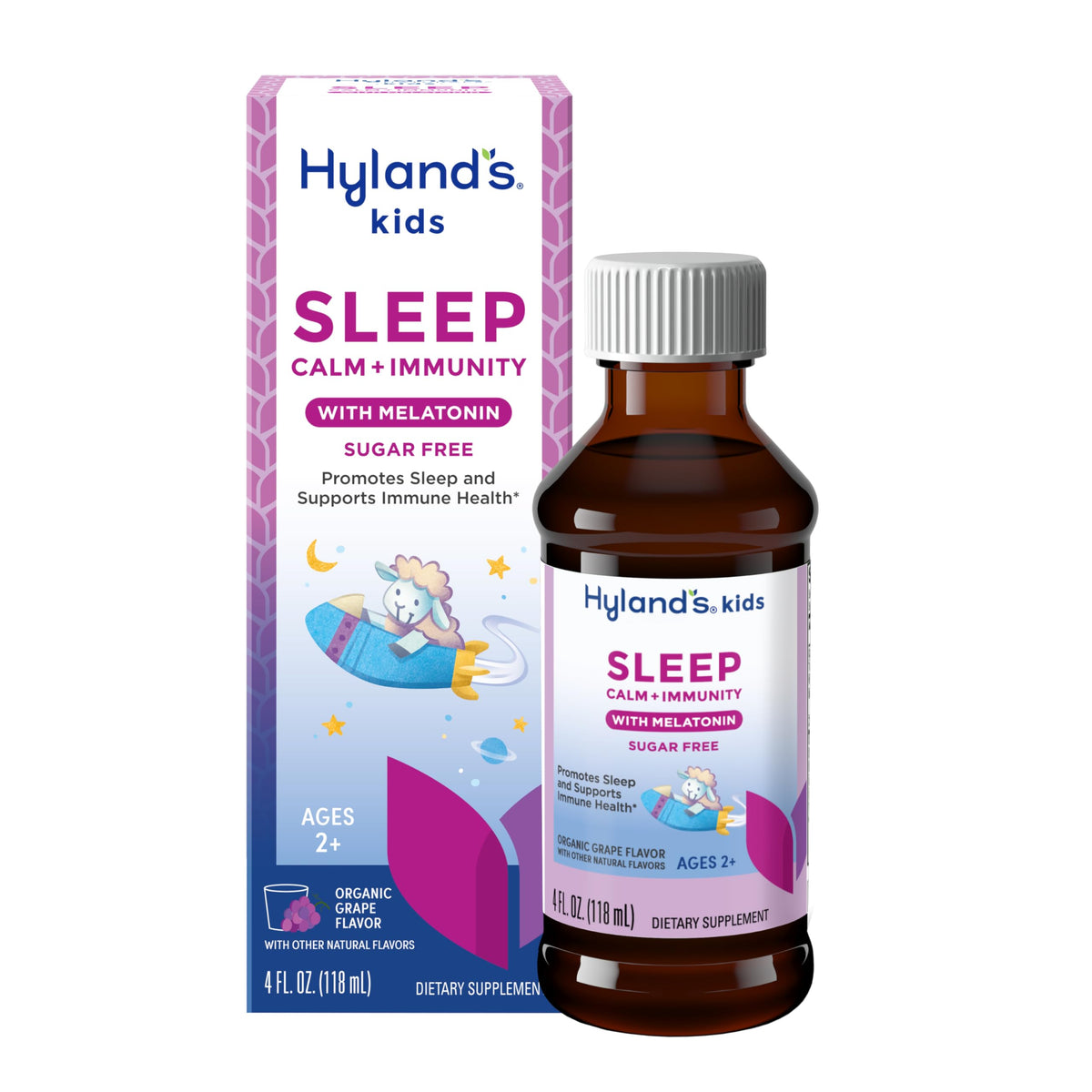 Hyland's Kids Sleep Calm Immunity bottle pour for easy nightly dosing.
