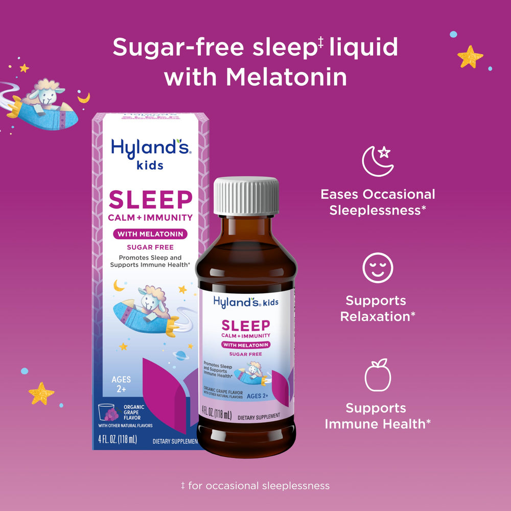 Hyland's Kids Sleep Calm Immunity label close-up shows sugar-free formula.