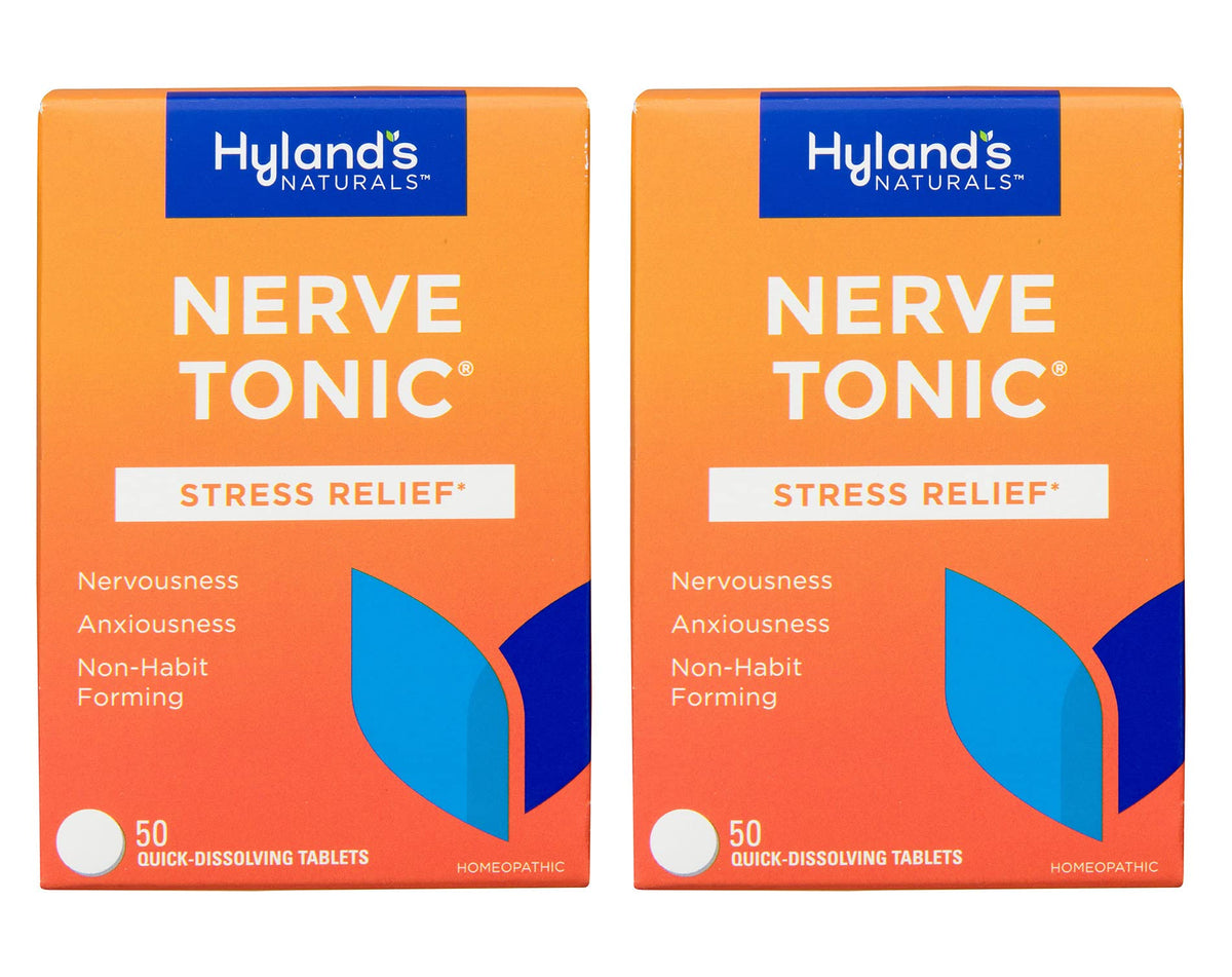 Hyland's Nerve Tonic box 2-pack shown for quick, natural stress support.