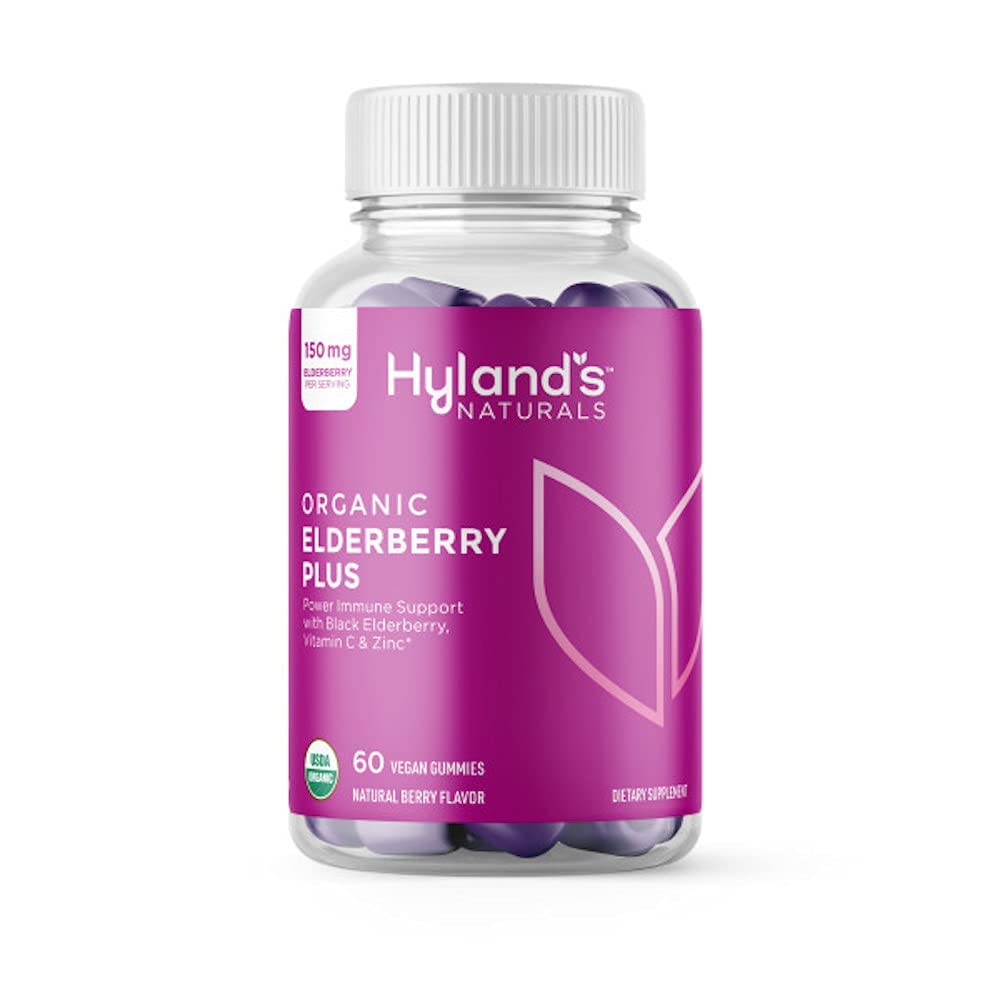 Hyland's Organic Elderberry Plus Gummies bottle shows 60 vegan servings for immune support