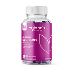 Hyland's Organic Elderberry Plus Gummies bottle shows 60 vegan servings for immune support
