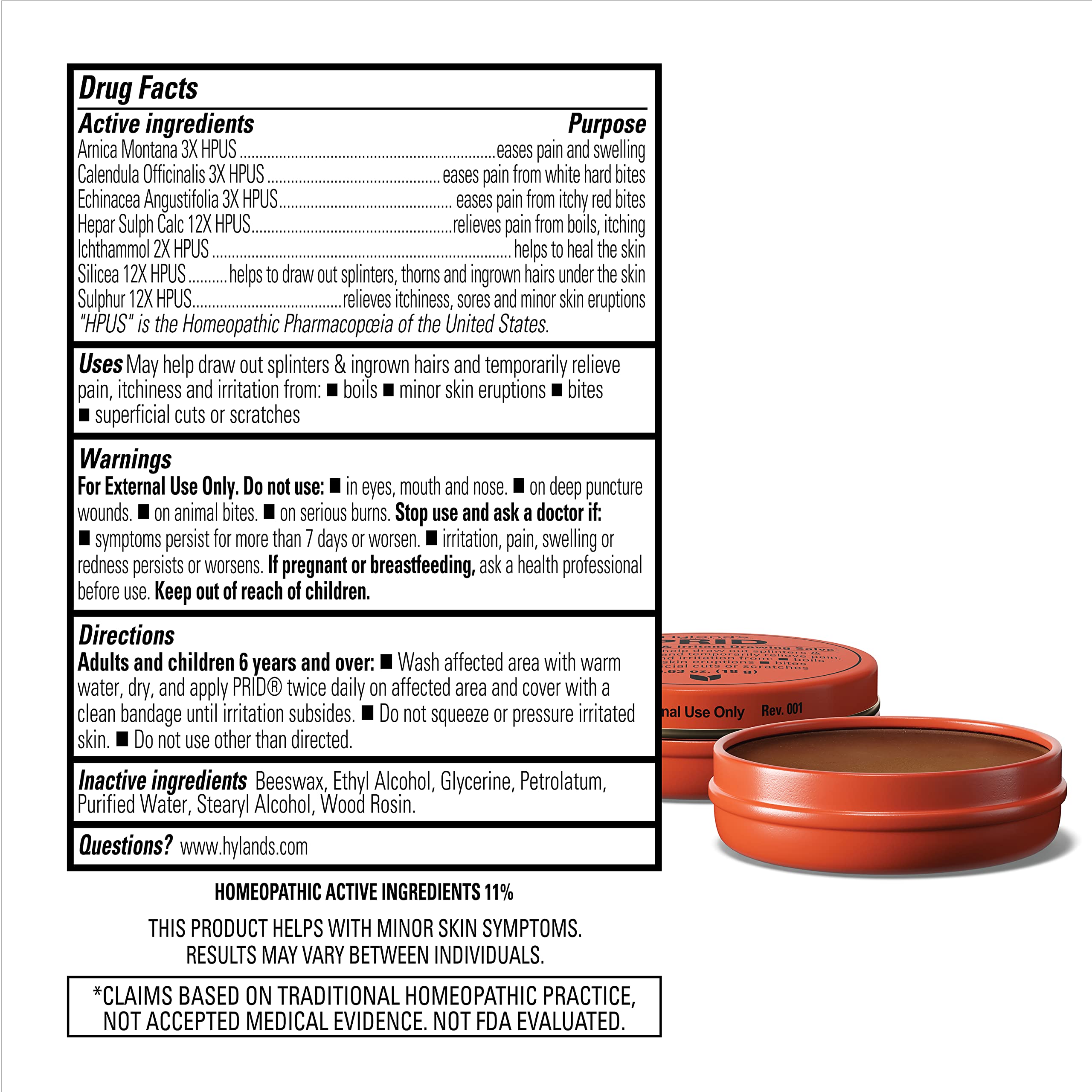 Packaging highlights 18 grams of Hyland's PRID salve.