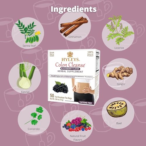 Hyleys Colon Cleanse Tea bags close-up, caffeine-free herbal relief for gentle digestion.