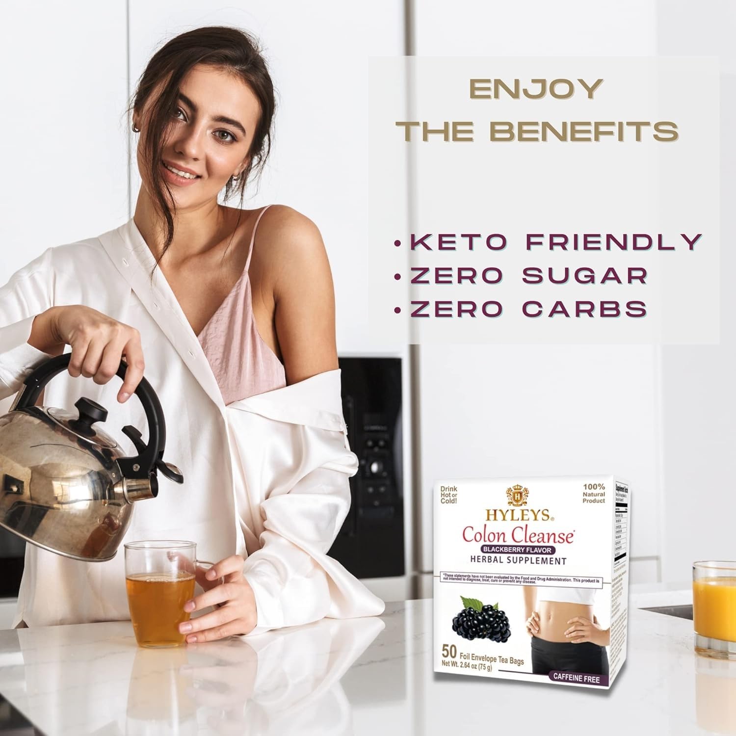 Hyleys tea cup on a kitchen counter, convenient daily routine for a gut-friendly cleanse.