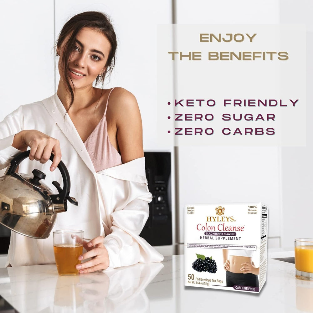 Hyleys tea cup on a kitchen counter, convenient daily routine for a gut-friendly cleanse.